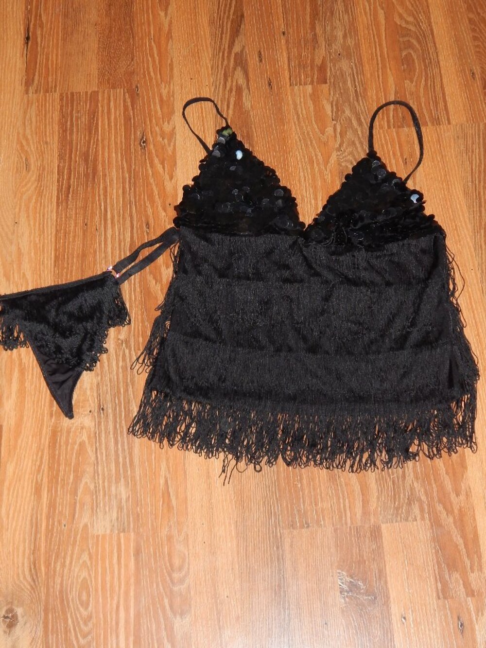 Y2K DELICATES Black Sequin Paillettes Fringe Top & Panty Lingerie Set Size XL